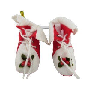 Vintage Hand Made Christmas RED FELT SANTA BOOT with Laces, w/ Embellishment